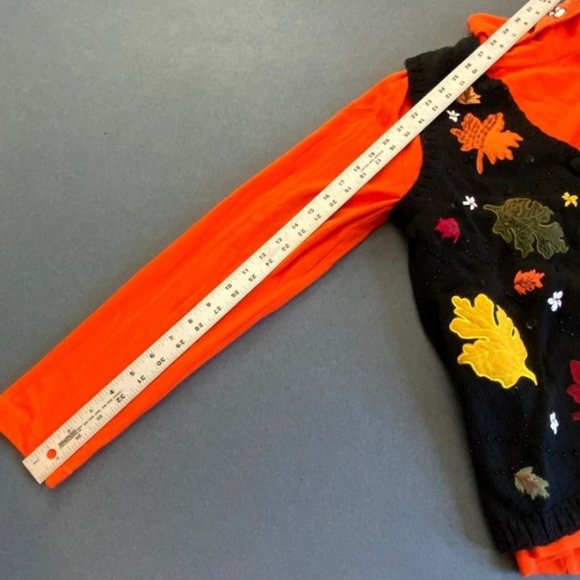 Ugly Halloween Vest Turtleneck Owl Leaf Orange Black Leaves Red Yellow Green - Picture 9 of 12